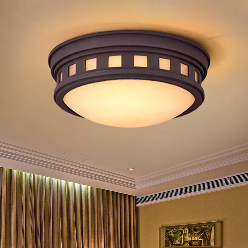 Rustic Metal Drum Flush Mount Ceiling Light With Opal Glass Bronze/Gold Outdoor Porch Lighting