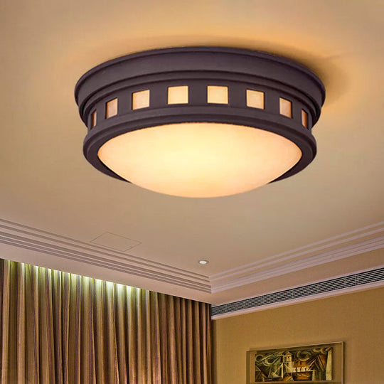 Rustic Metal Drum Flush Mount Ceiling Light With Opal Glass Bronze/Gold Outdoor Porch Lighting