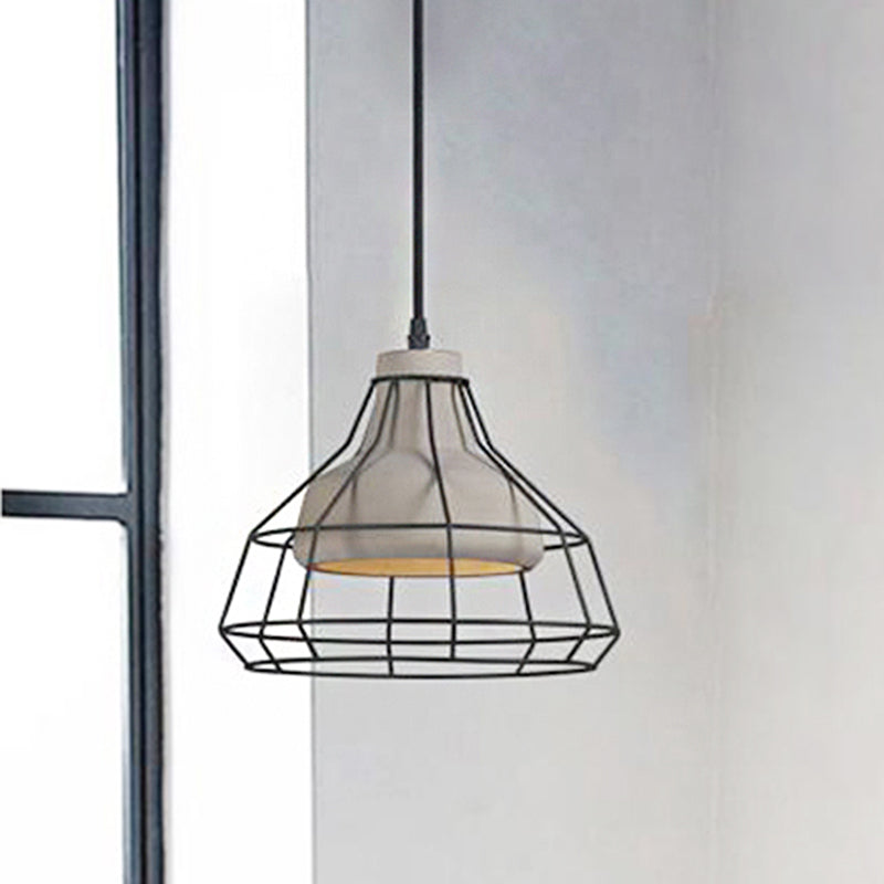 Modernist Cement Cone Hanging Pendant Lamp With Wire-Cage Shade 1-Light Black 10.5/14 Width / 10.5