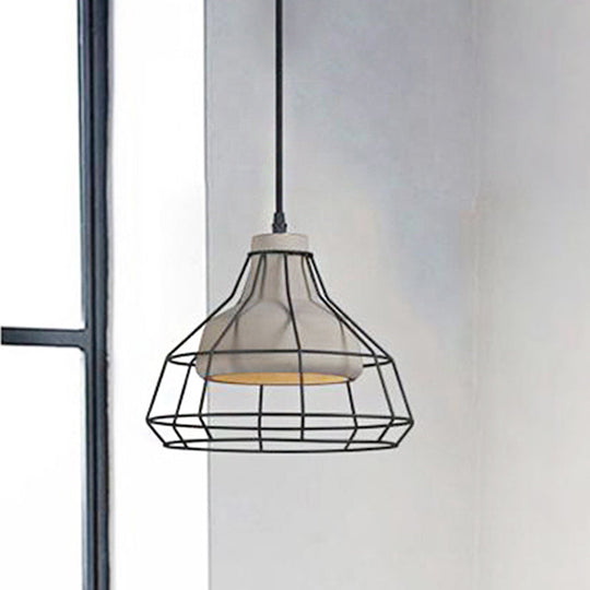 Modernist Cement Cone Hanging Pendant Lamp With Wire-Cage Shade 1-Light Black 10.5/14 Width / 10.5