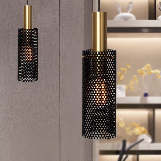 Hollow Metal Cylinder Hanging Lamp: Sleek Black/White Mini Pendant With 1 Light Black