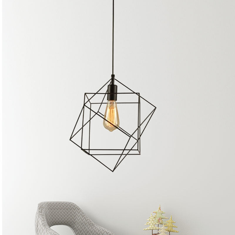 Hanging Industrial Black Metal Pendant Light - 1 Structural Cubic Design For Dining Room