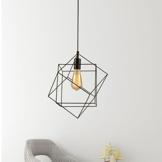 Hanging Industrial Black Metal Pendant Light - 1 Structural Cubic Design For Dining Room