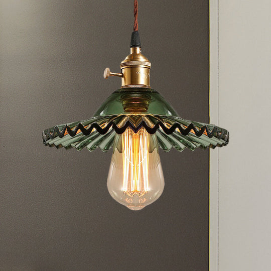 Green Scalloped Glass Pendant Light - Industrial Dining Room Hanging Lamp