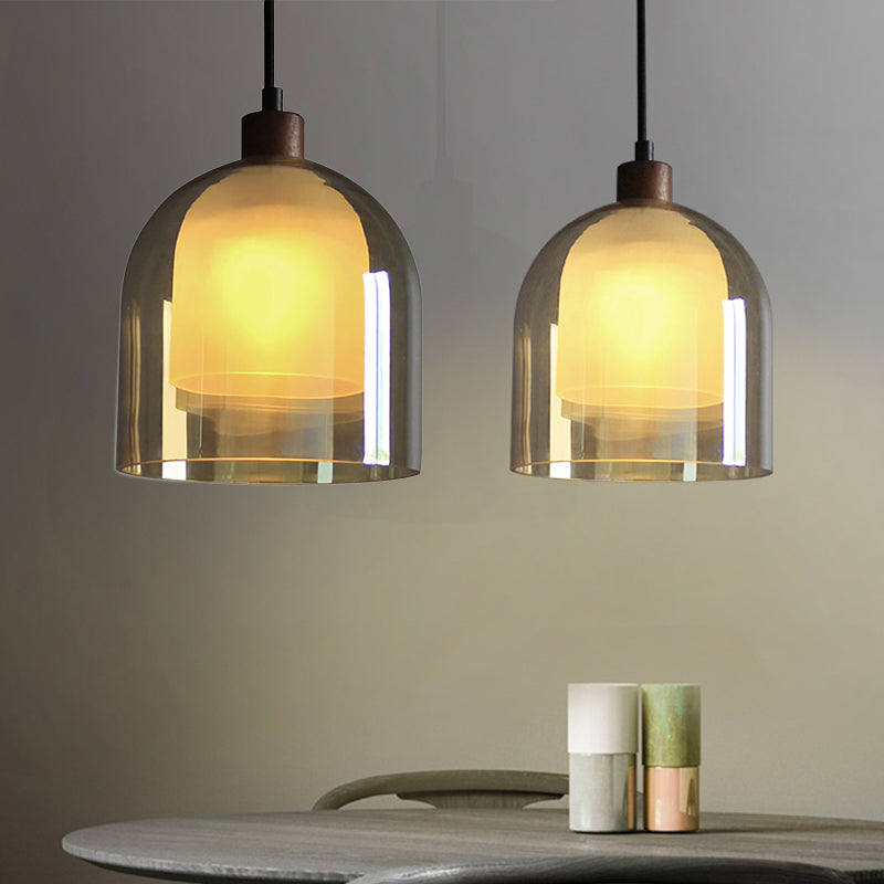 Contemporary Amber Glass Bell Pendant Light With Bronze Finish
