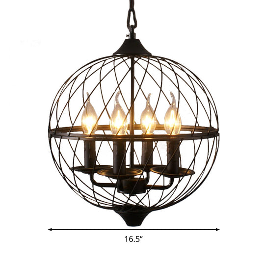 Iron Black Chandelier With Mesh Shade - 4-Bulb Industrial Ceiling Light For Dining Room