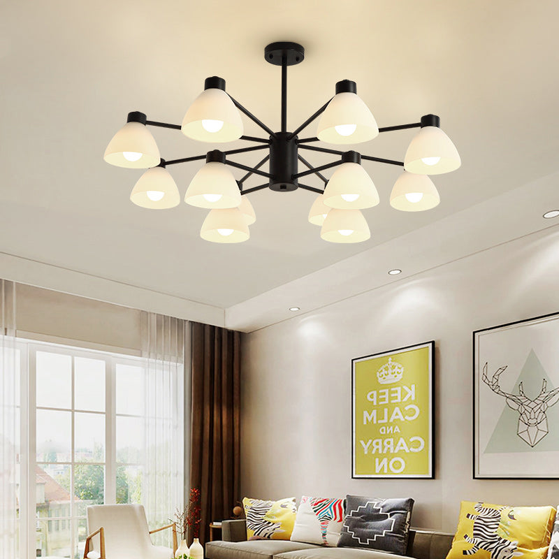 Modern Black Chandelier Lamp - 6/8/12-Head Dining Room Suspension Light With Dome White Glass Shade
