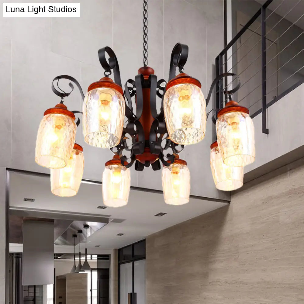 8-Light Antiqued Black Glass Chandelier - Curved Arm Pendant Light For Living Room Ceiling