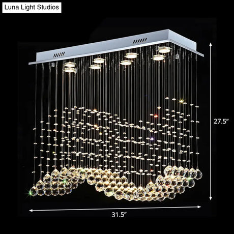 8-Light Wavy Ceiling Flush Mount With Stainless Steel Frame And Clear Crystal Orb Design