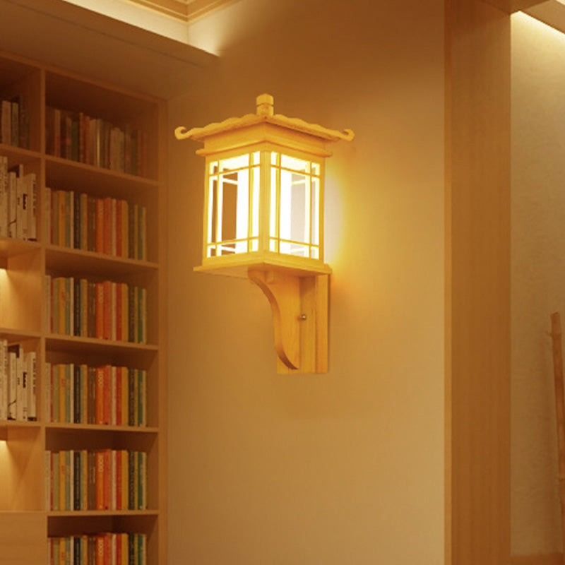 Asian Style Wooden House Wall Sconce - Beige Single Bulb Lamp For Restaurants