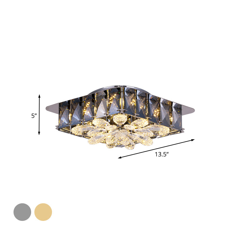 Mini Led Flush Light With Square & Flower Design – Simple Amber Or Smoke Grey Crystal Ceiling