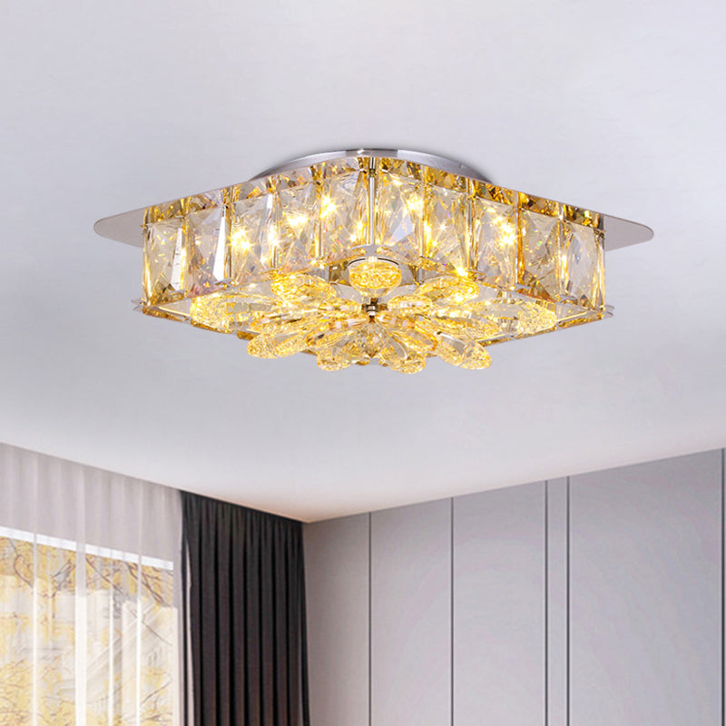 Mini Led Flush Light With Square & Flower Design Simple Amber Or Smoke Grey Crystal Ceiling Fixture