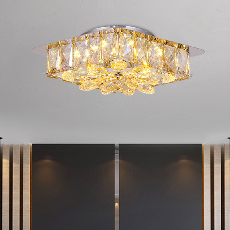 Mini Led Flush Light With Square & Flower Design – Simple Amber Or Smoke Grey Crystal Ceiling