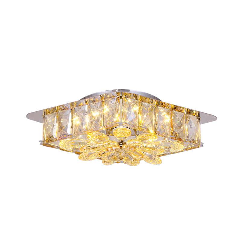 Mini Led Flush Light With Square & Flower Design – Simple Amber Or Smoke Grey Crystal Ceiling