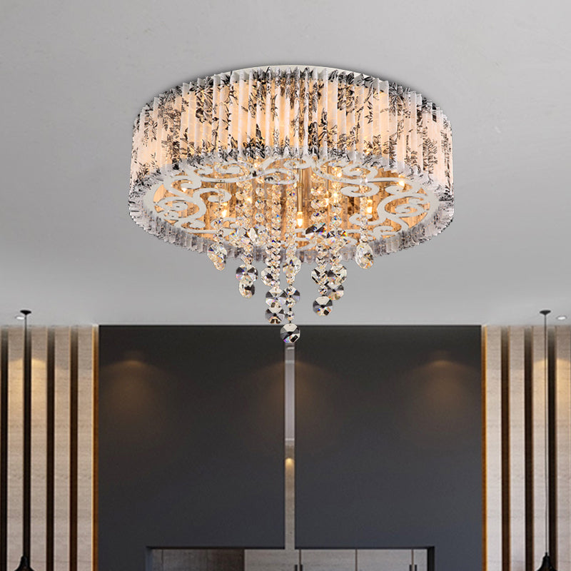 Modernist Circle Flush Ceiling Light: 5-Bulb Pleated Fabric Flushmount With Crystal Draping White