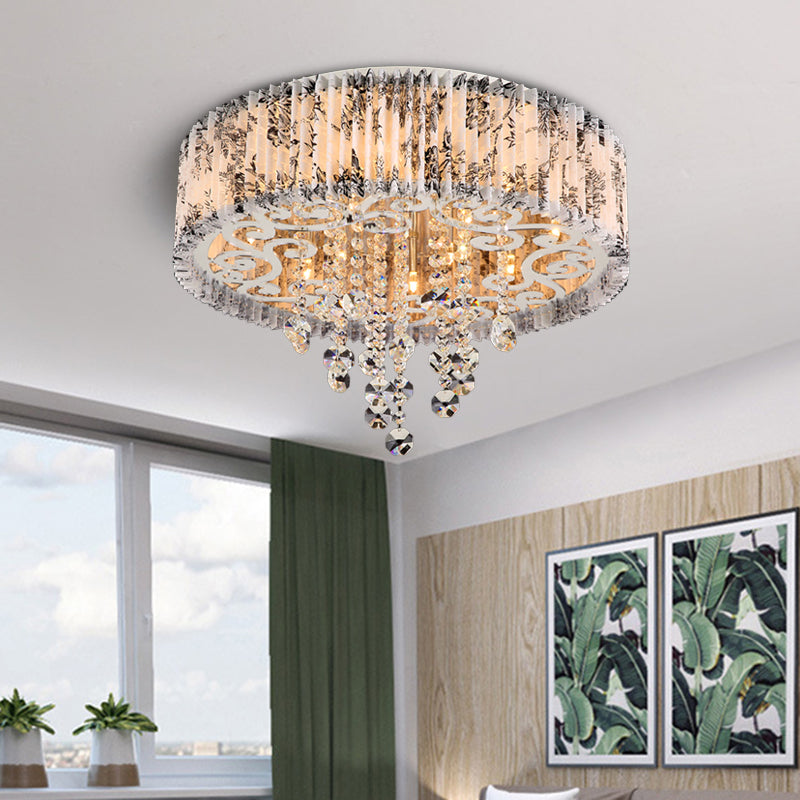 Modernist Circle Flush Ceiling Light: 5-Bulb Pleated Fabric Flushmount With Crystal Draping White
