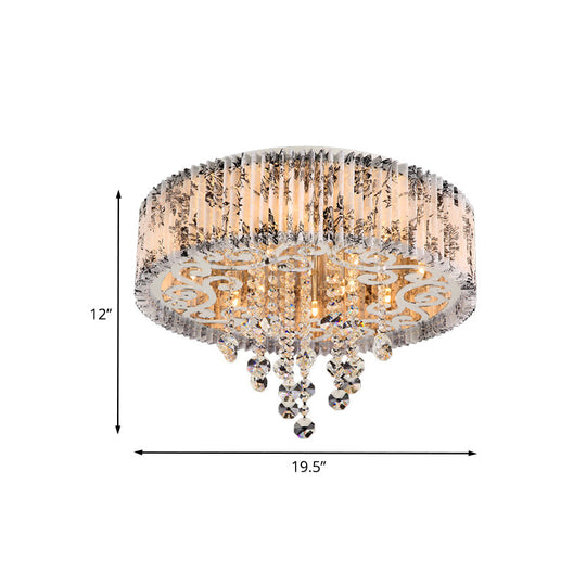 Modernist Circle Flush Ceiling Light: 5-Bulb Pleated Fabric Flushmount With Crystal Draping White