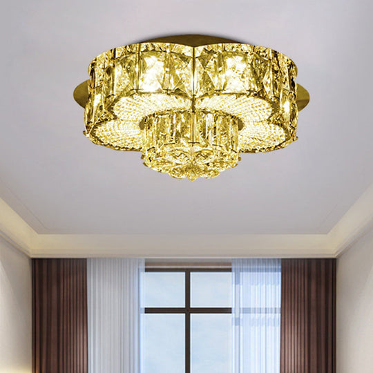 Gold Led Crystal Flower Flushmount Light - Minimalistic 2 - Tier Ceiling Fixture