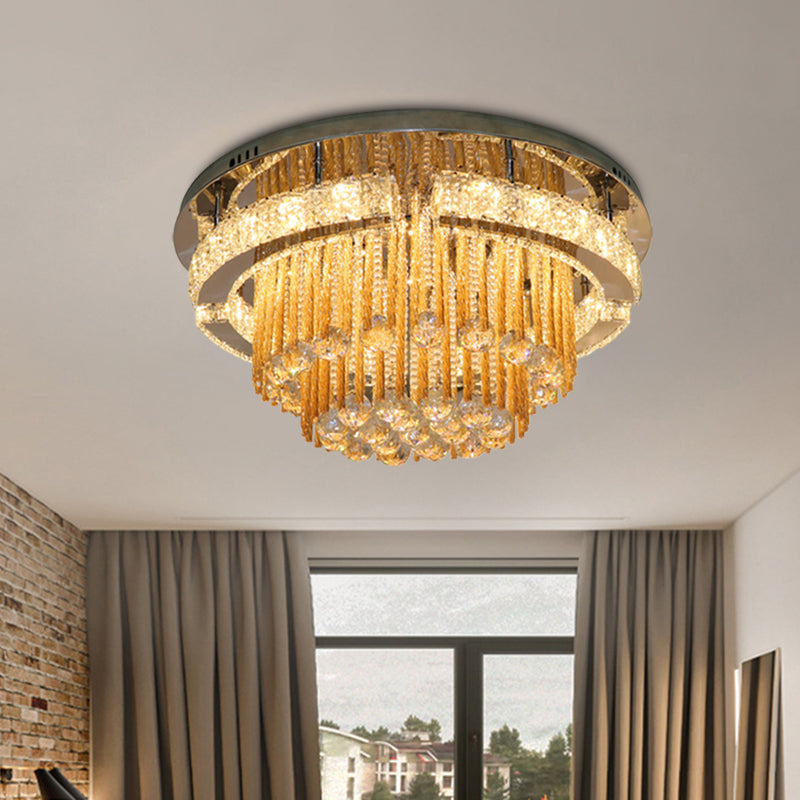 Modern Draping Crystal Lounge Led Flush Mount Ceiling Light - Polished Chrome Round/Square Fixture