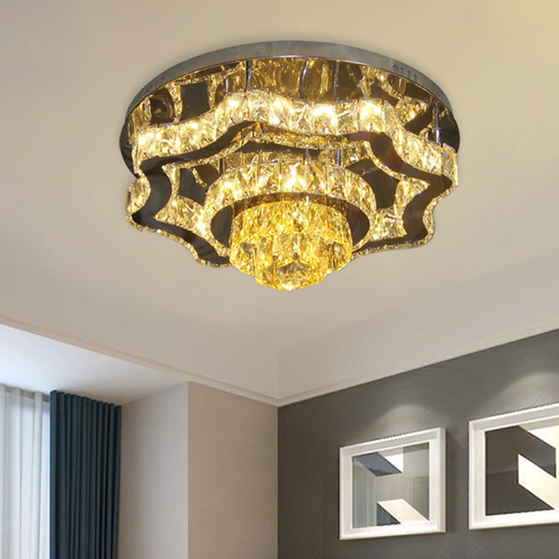 Modern Led Crystal Polished Chrome Semi Flush Ceiling Light With Tiered Scallops And