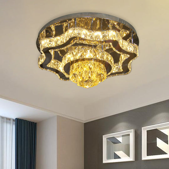 Modern Led Crystal Polished Chrome Semi Flush Ceiling Light With Tiered Scallops And