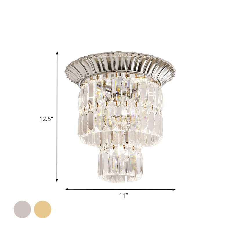 Modernist Crystal Dual Shade Led Flushmount Lamp - Chrome/Gold Cylindrical Ceiling Fixture