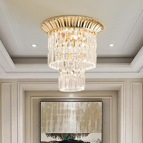 Modernist Crystal Dual Shade Led Flushmount Lamp - Chrome/Gold Cylindrical Ceiling Fixture