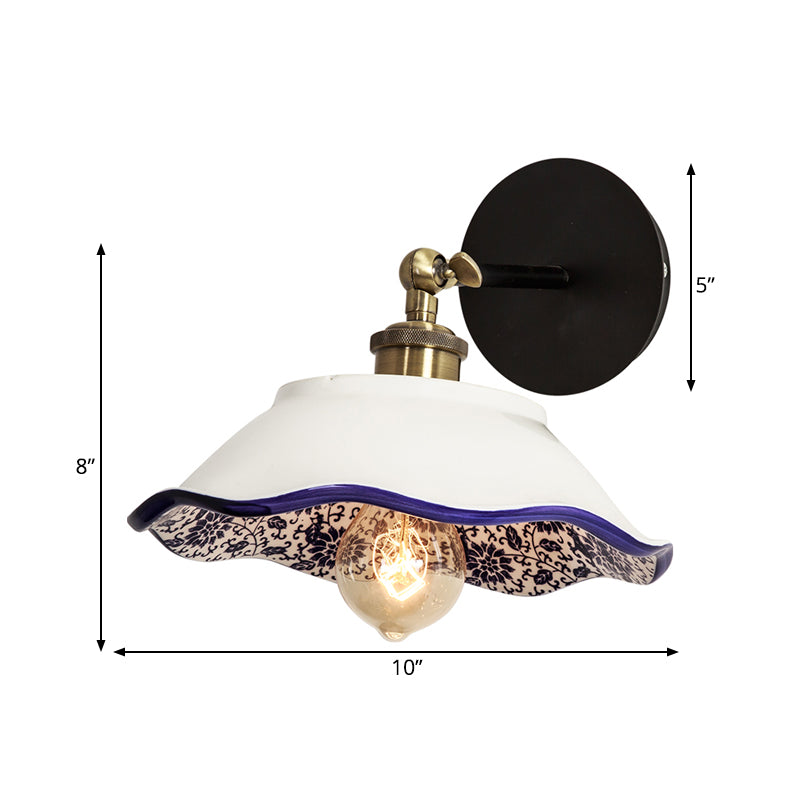 Vintage 1-Light Wall Mount Restaurant Lamp With White Wave/Scalloped Ceramic Shade