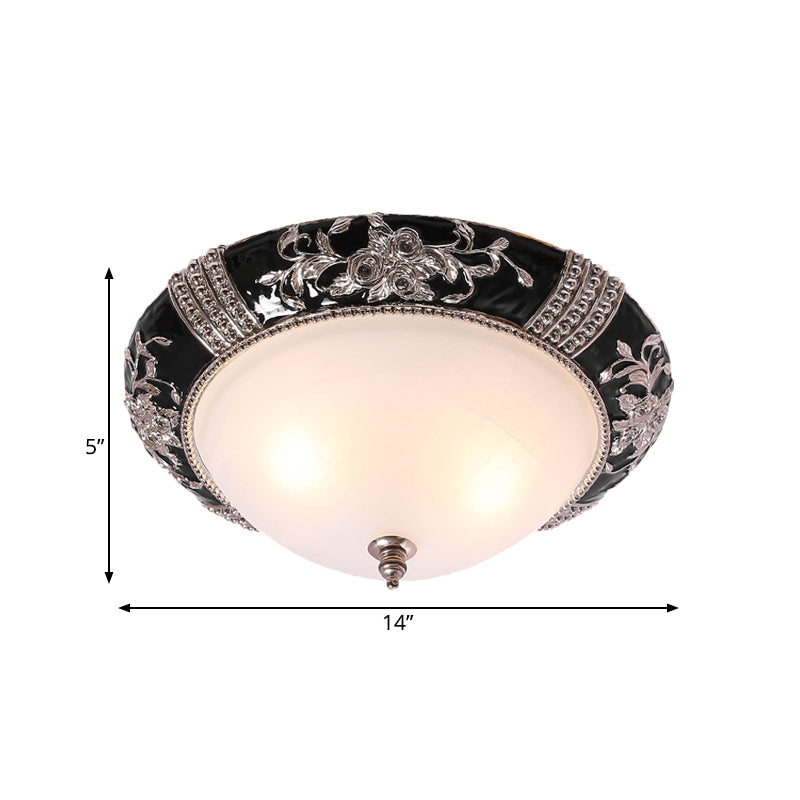 Nordic Style Carved Rose Ceiling Flush Mount - Black Finish 3 Lights Dome White Glass Shade