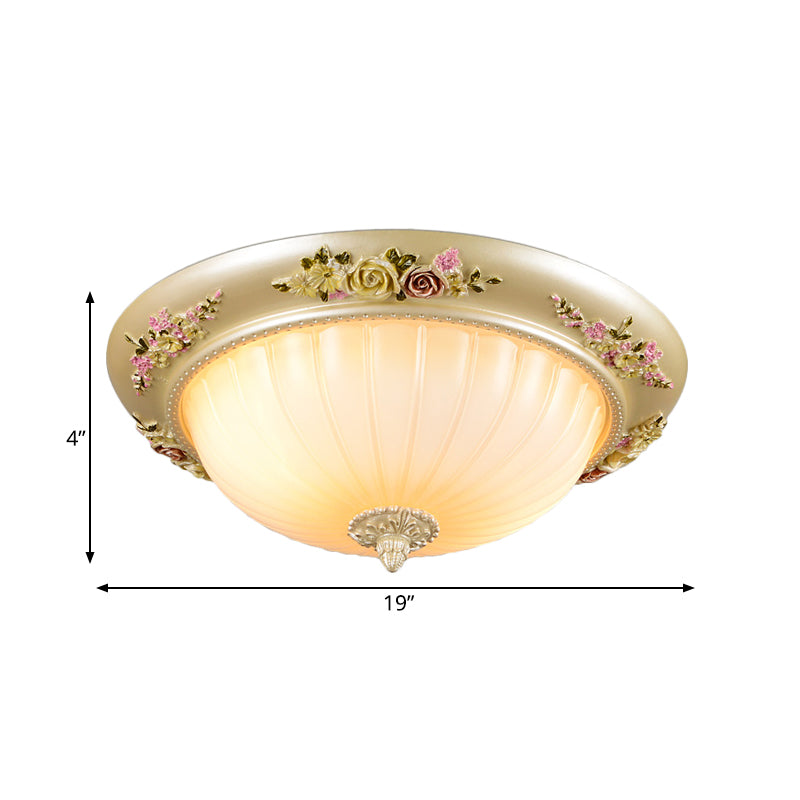 Korean Countryside Dome Flushmount Ceiling Light - 2 Heads Prismatic Glass Gold Finish Flower Decor