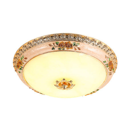 Korean Countryside Led Floral Flushmount Lamp - Resin Carved Gold Finish
