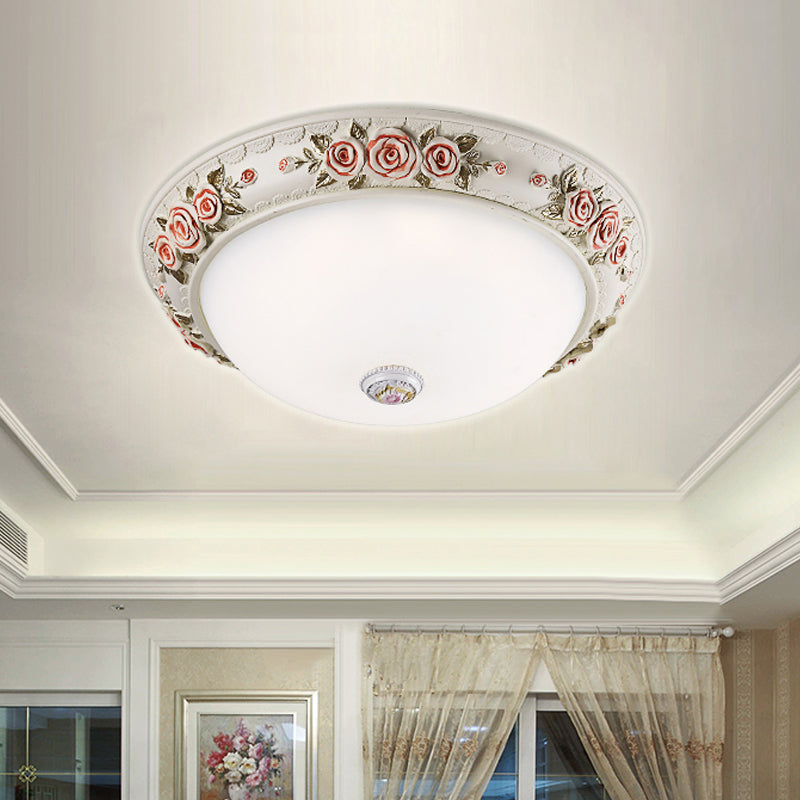 12/16 Wide Domed Ceiling Mounted Light With White Glass Flush Lamp And Rose Deco - Korea Countryside