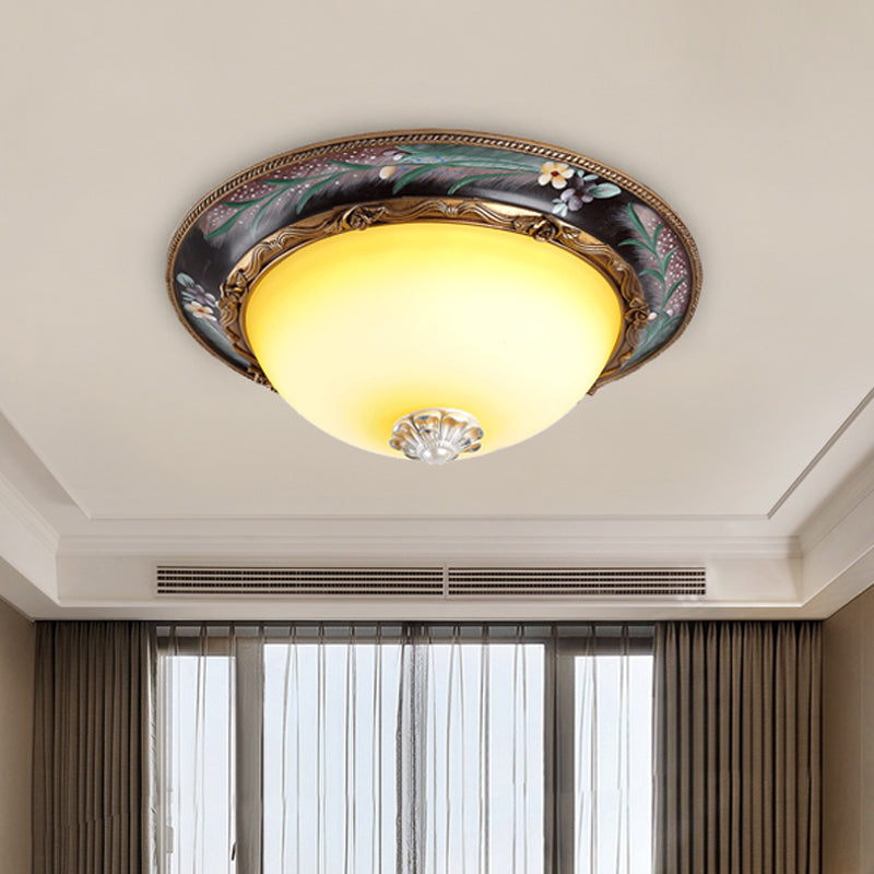 Antiqued Yellow Glass Led Flush Mount Fixture - Brass Domed Lighting 12’/16’ Wide Bedroom