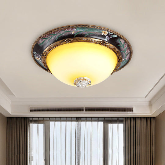 Antiqued Yellow Glass Led Flush Mount Fixture - Brass Domed Lighting 12’/16’ Wide Bedroom