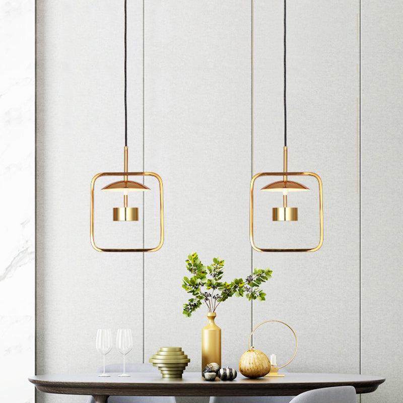 Minimalist Led Square-Frame Pendulum Light With Gold Finish And Shade/Shadeless Options For Ceiling