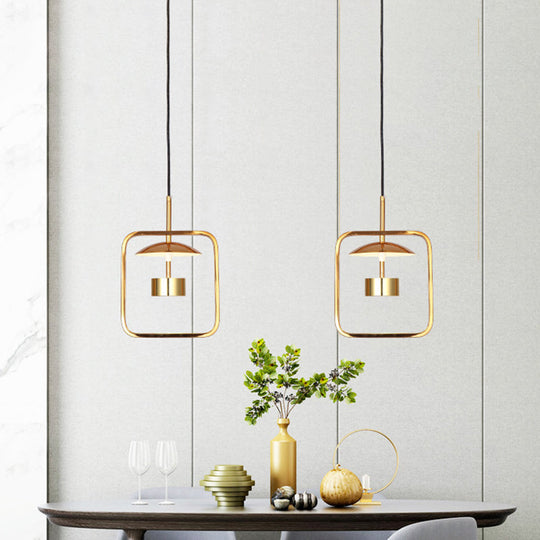 Minimalist Led Square-Frame Pendulum Light With Gold Finish And Shade/Shadeless Options For Ceiling