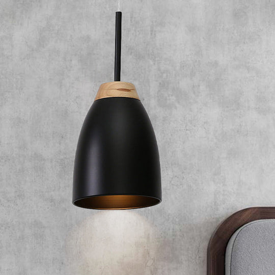 Bell Drop Pendant Light - Minimal Metal Fixture White/Black With Wood Accent Perfect For Table Black
