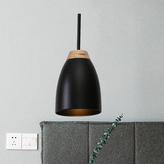 Bell Drop Pendant Light - Minimal Metal Fixture White/Black With Wood Accent Perfect For Table