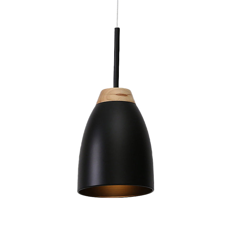 Bell Drop Pendant Light - Minimal Metal Fixture White/Black With Wood Accent Perfect For Table