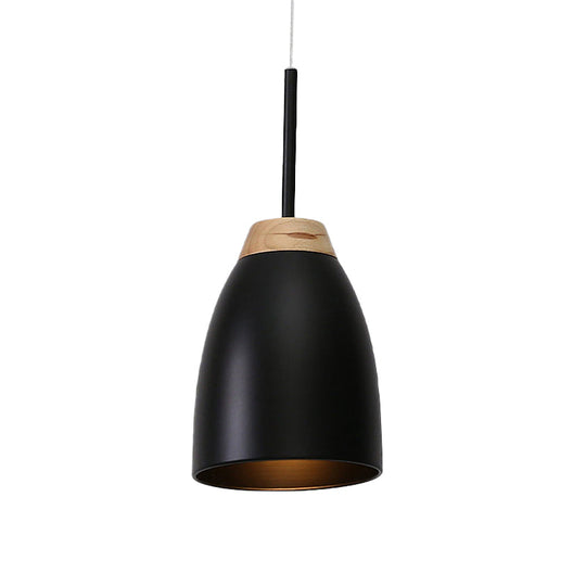 Bell Drop Pendant Light - Minimal Metal Fixture White/Black With Wood Accent Perfect For Table