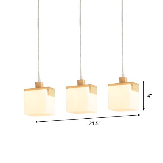 Modern 3-Head Wooden Cube Pendant Light With Led White Glass Shade