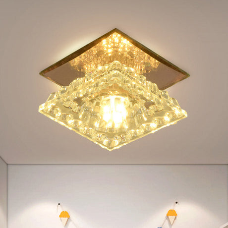 Modern Crystal Flush Ceiling Light In Gold For Corridor - Square Flushmount Led White/Warm/3 Color
