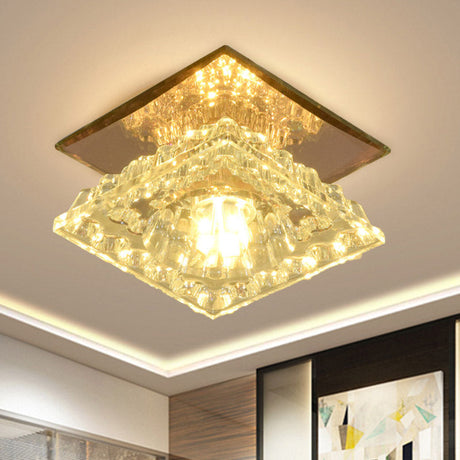 Modern Crystal Flush Ceiling Light In Gold For Corridor - Square Flushmount Led White/Warm/3 Color