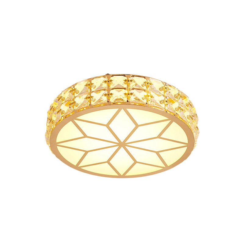 Contemporary Led Crystal Drum/Flower Corridor Flushmount Ceiling Light - White/Gold Finish
