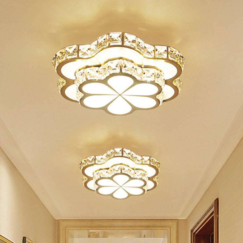 Contemporary Led Crystal Drum/Flower Corridor Flushmount Ceiling Light - White/Gold Finish