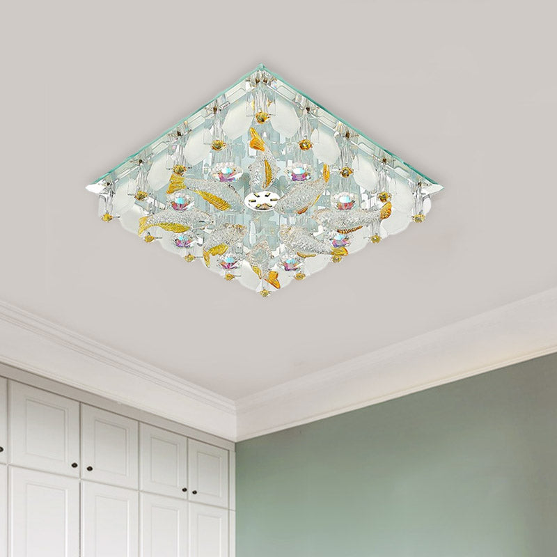 Sleek Led Square Flush Mount Crystal Ceiling Light For Balcony - Clear & Stylish