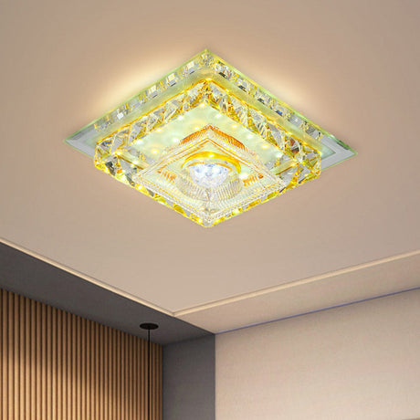 Simple Flushmount Led Ceiling Light With Clear Crystal Square Design And Ribbed Glass Shade In