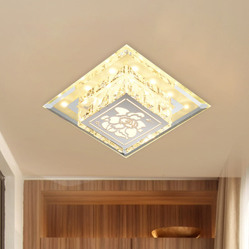 Contemporary Square Led Flush Light With Crystalline Facets In Chrome – Elegant Flower Pattern