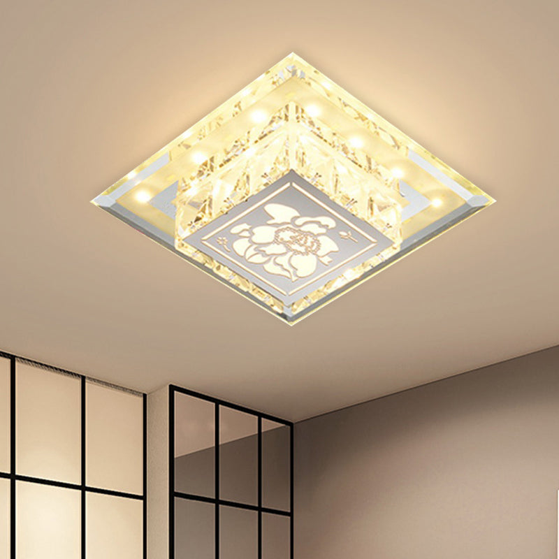 Contemporary Square Led Flush Light With Crystalline Facets In Chrome – Elegant Flower Pattern