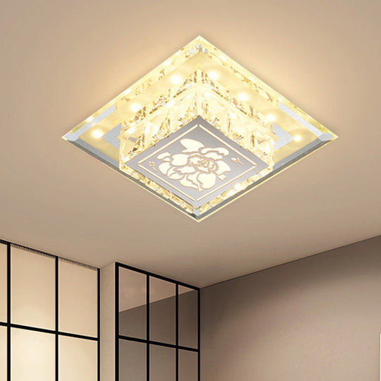 Contemporary Square Led Flush Light With Crystalline Facets In Chrome – Elegant Flower Pattern